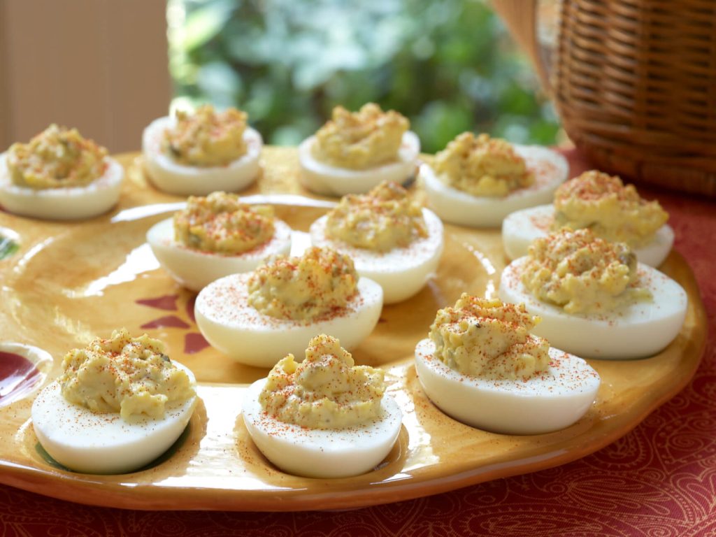 Hard-boiled eggs with mayonnaise and mustard